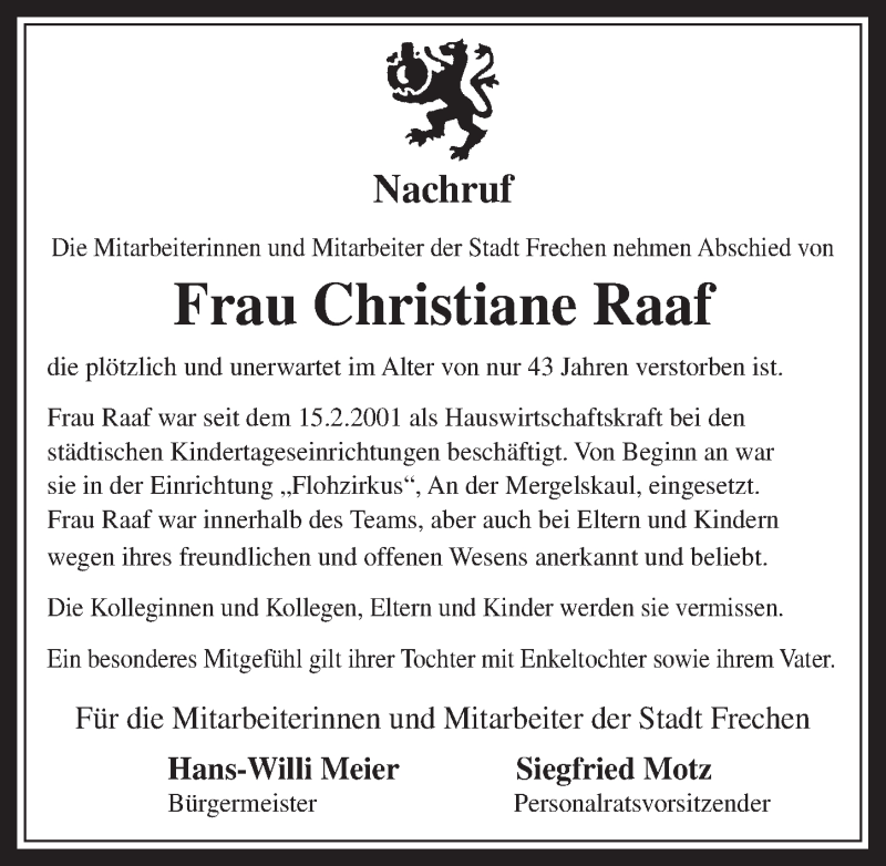  Traueranzeige für Christiane Raaf vom 04.03.2015 aus  Wochenende 