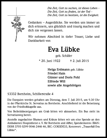Anzeige von Eva Lübke von Kölner Stadt-Anzeiger / Kölnische Rundschau / Express