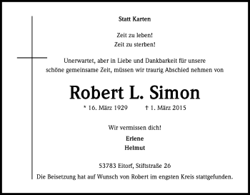 Anzeige von Robert L. Simon von Kölner Stadt-Anzeiger / Kölnische Rundschau / Express