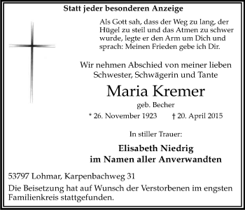 Anzeige von Maria Kremer von Kölner Stadt-Anzeiger / Kölnische Rundschau / Express