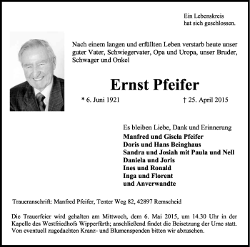 Anzeige von Ernst Pfeifer von Kölner Stadt-Anzeiger / Kölnische Rundschau / Express