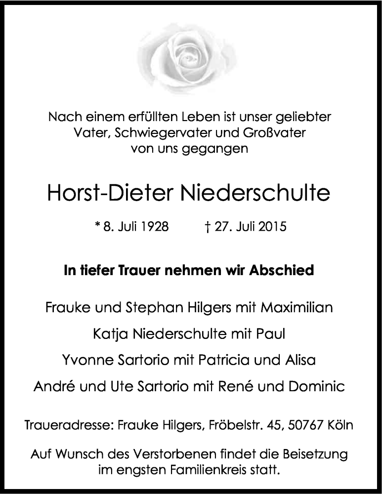  Traueranzeige für Horst-Dieter Niederschulte vom 01.08.2015 aus Kölner Stadt-Anzeiger / Kölnische Rundschau / Express