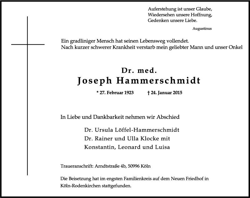  Traueranzeige für Josef  Hammerschmidt vom 31.01.2015 aus Kölner Stadt-Anzeiger / Kölnische Rundschau / Express
