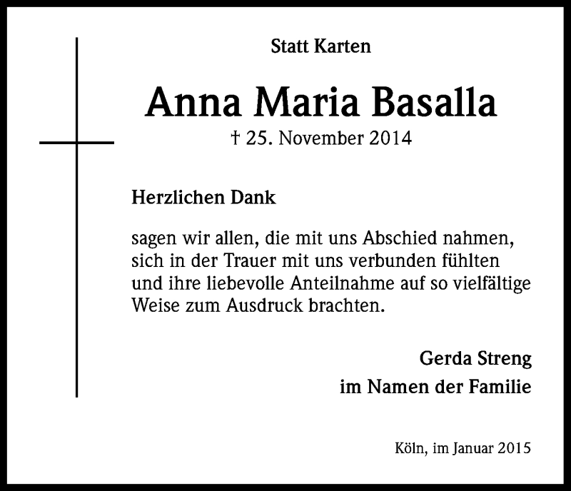  Traueranzeige für Anna Maria Basalla vom 17.01.2015 aus Kölner Stadt-Anzeiger / Kölnische Rundschau / Express