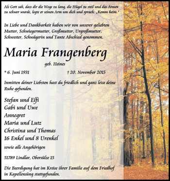 Anzeige von Maria Frangenberg von Kölner Stadt-Anzeiger / Kölnische Rundschau / Express