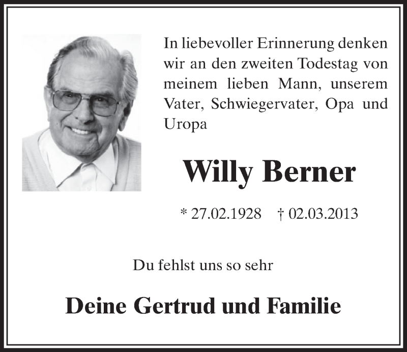  Traueranzeige für Willy Berner vom 04.03.2015 aus  Schlossbote/Werbekurier 