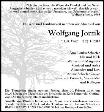 Anzeige von Wolfgang Jorzik von Kölner Stadt-Anzeiger / Kölnische Rundschau / Express
