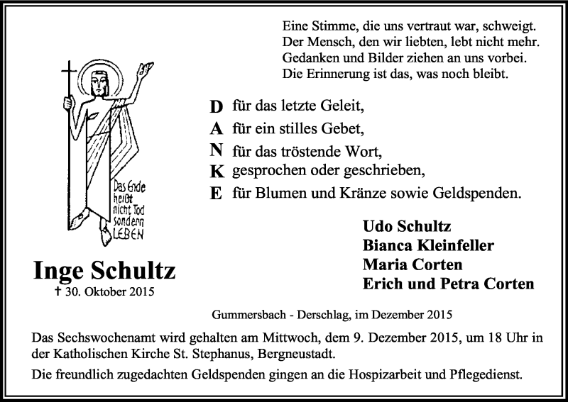  Traueranzeige für Inge Schultz vom 05.12.2015 aus Kölner Stadt-Anzeiger / Kölnische Rundschau / Express