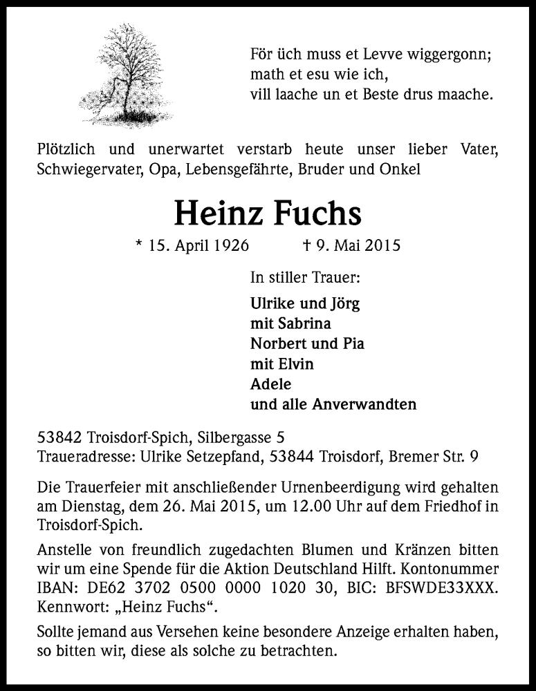  Traueranzeige für Heinz Fuchs vom 23.05.2015 aus Kölner Stadt-Anzeiger / Kölnische Rundschau / Express