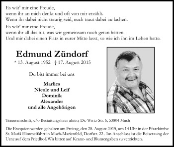 Anzeige von Edmund Zündorf von Kölner Stadt-Anzeiger / Kölnische Rundschau / Express