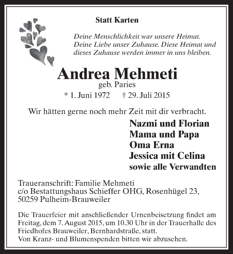  Traueranzeige für Andrea Mehmeti vom 05.08.2015 aus  Wochenende 