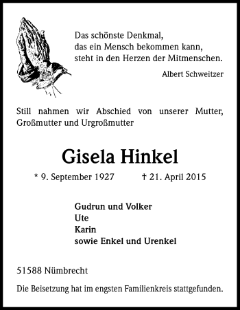 Anzeige von Gisela Hinkel von Kölner Stadt-Anzeiger / Kölnische Rundschau / Express