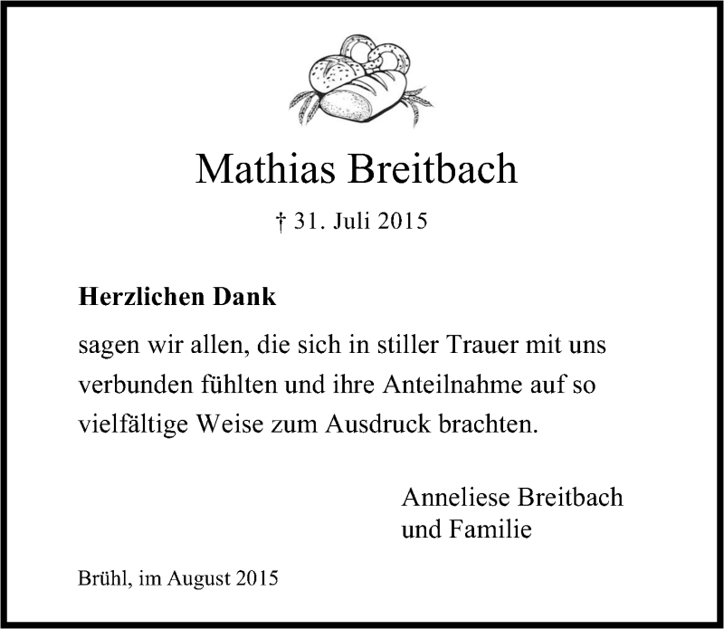  Traueranzeige für Mathias Breitbach vom 26.08.2015 aus  Schlossbote/Werbekurier 