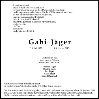 Anzeige von Gabi Jäger von Kölner Stadt-Anzeiger / Kölnische Rundschau / Express