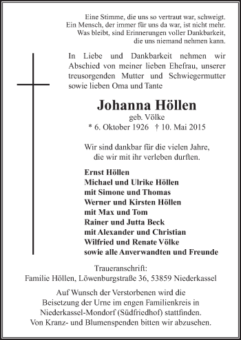 Anzeige von Johanna Höllen von  Extra Blatt 