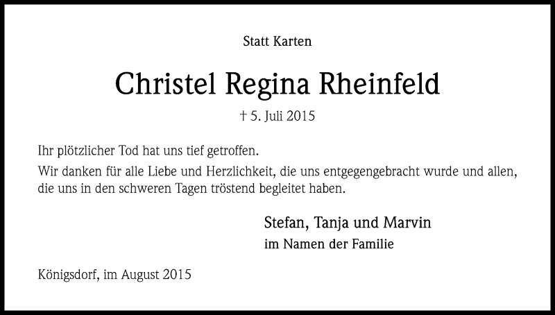  Traueranzeige für Christel Regina Rheinfeld vom 15.08.2015 aus Kölner Stadt-Anzeiger / Kölnische Rundschau / Express
