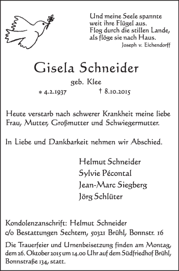 Anzeige von Gisela Schneider von  Schlossbote/Werbekurier 