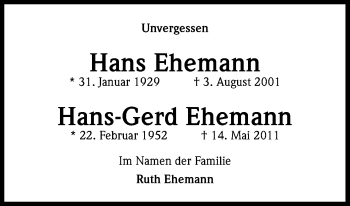 Anzeige von Hans und Hans-Gerd Ehemann von Kölner Stadt-Anzeiger / Kölnische Rundschau / Express