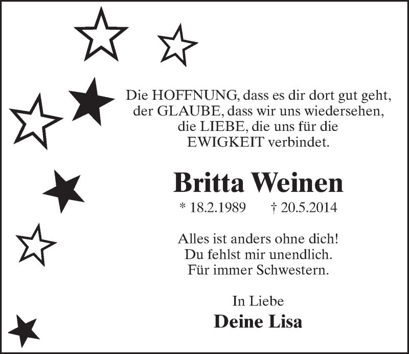  Traueranzeige für Britta Weinen vom 20.05.2015 aus  Schlossbote/Werbekurier 