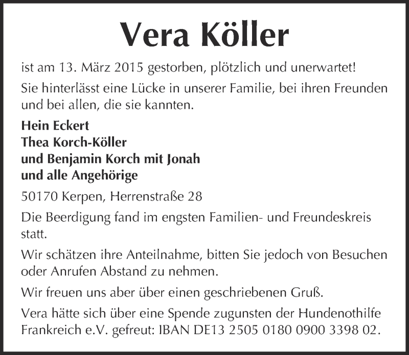  Traueranzeige für Vera Köller vom 21.03.2015 aus  Sonntags-Post 