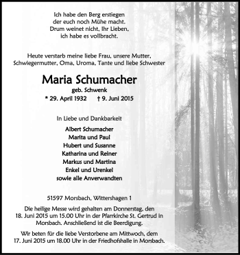 Anzeige von Maria Schumacher von Kölner Stadt-Anzeiger / Kölnische Rundschau / Express