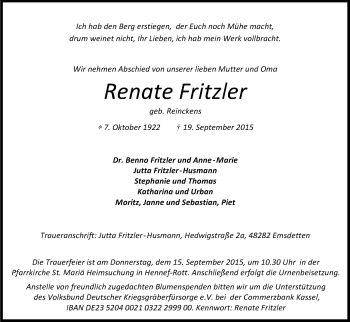 Anzeige von Renate Fritzler von Kölner Stadt-Anzeiger / Kölnische Rundschau / Express