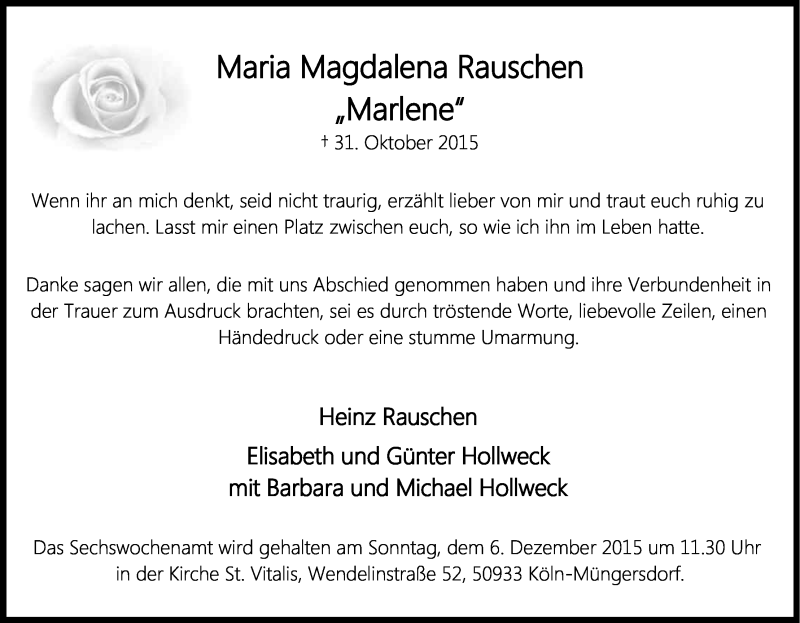  Traueranzeige für Maria Magdalena Rauschen vom 28.11.2015 aus Kölner Stadt-Anzeiger / Kölnische Rundschau / Express