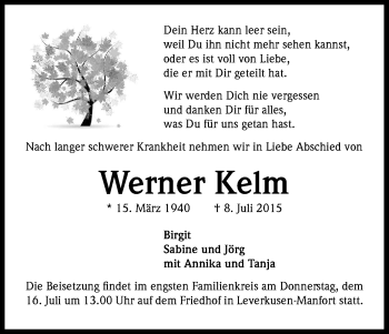 Anzeige von Werner Kelm von Kölner Stadt-Anzeiger / Kölnische Rundschau / Express