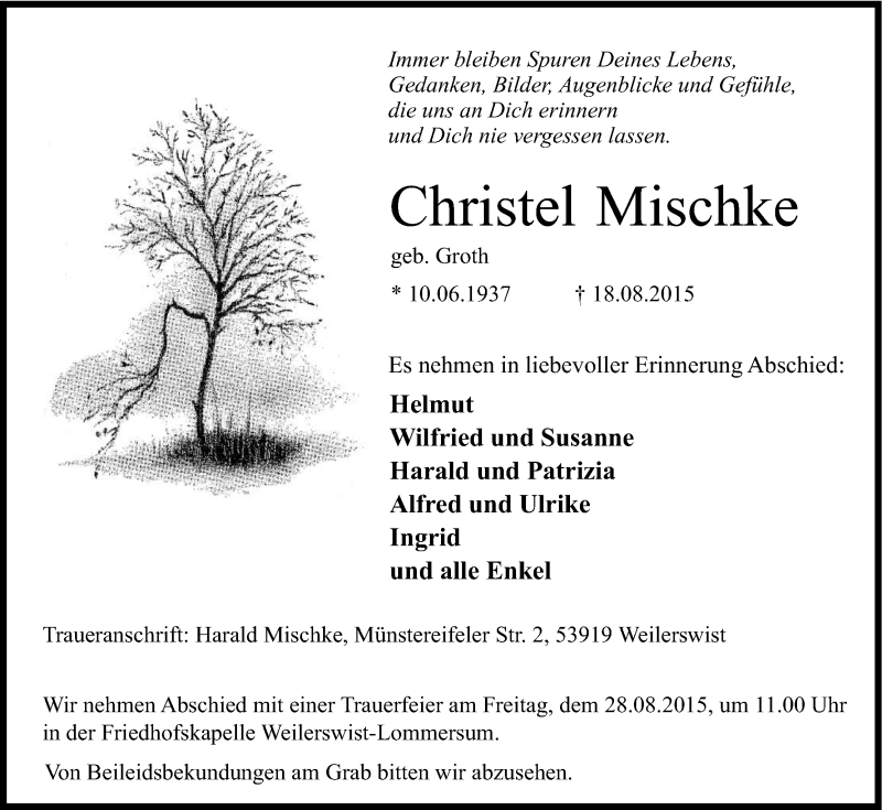  Traueranzeige für Christel Mischke vom 24.08.2015 aus Kölner Stadt-Anzeiger / Kölnische Rundschau / Express