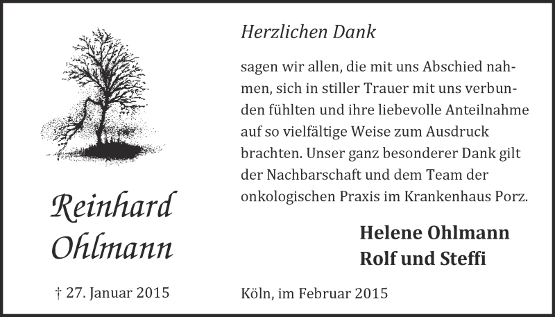  Traueranzeige für Reinhard Ohlmann vom 18.02.2015 aus  Kölner Wochenspiegel 