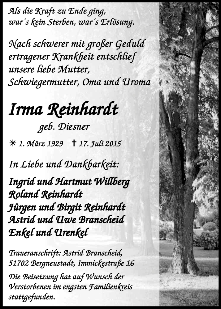  Traueranzeige für Irma Reinhardt vom 28.07.2015 aus Kölner Stadt-Anzeiger / Kölnische Rundschau / Express