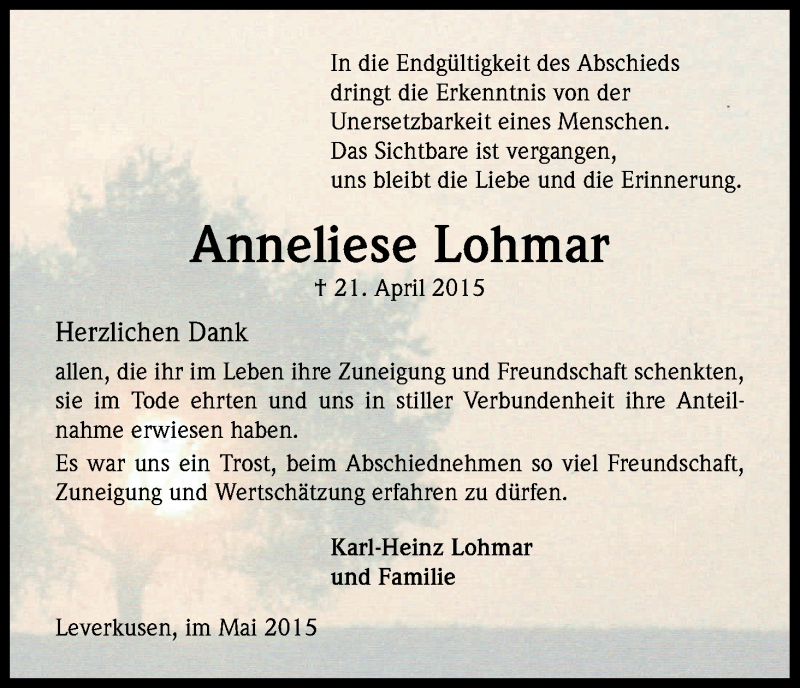  Traueranzeige für Anneliese Lohmar vom 26.05.2015 aus Kölner Stadt-Anzeiger / Kölnische Rundschau / Express