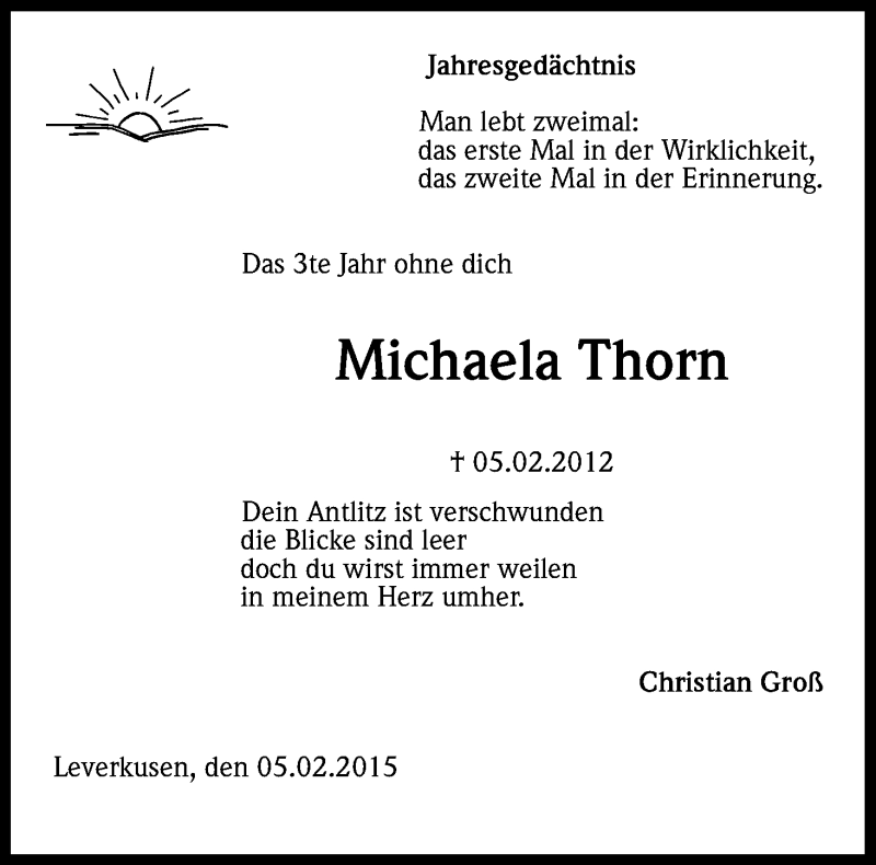  Traueranzeige für Michaela Thorn vom 05.02.2015 aus Kölner Stadt-Anzeiger / Kölnische Rundschau / Express