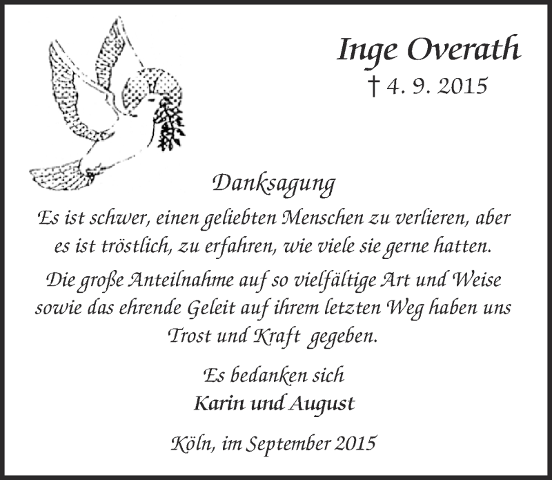  Traueranzeige für Inge Overath vom 30.09.2015 aus  Kölner Wochenspiegel 