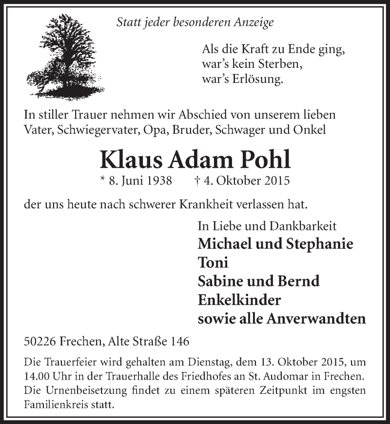  Traueranzeige für Klaus Adam Pohl vom 10.10.2015 aus  Sonntags-Post 