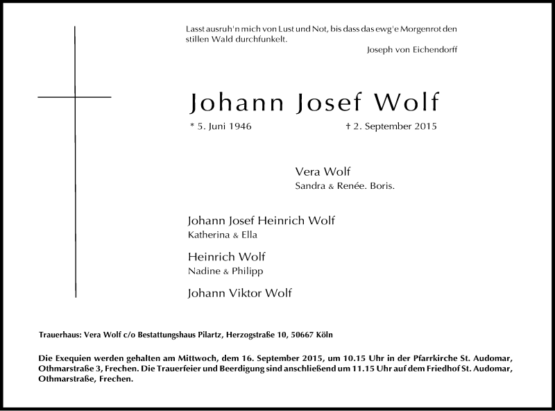  Traueranzeige für Johann Josef Wolf vom 09.09.2015 aus Kölner Stadt-Anzeiger / Kölnische Rundschau / Express