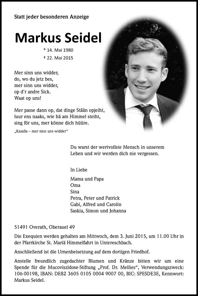  Traueranzeige für Markus Seidel vom 28.05.2015 aus Kölner Stadt-Anzeiger / Kölnische Rundschau / Express