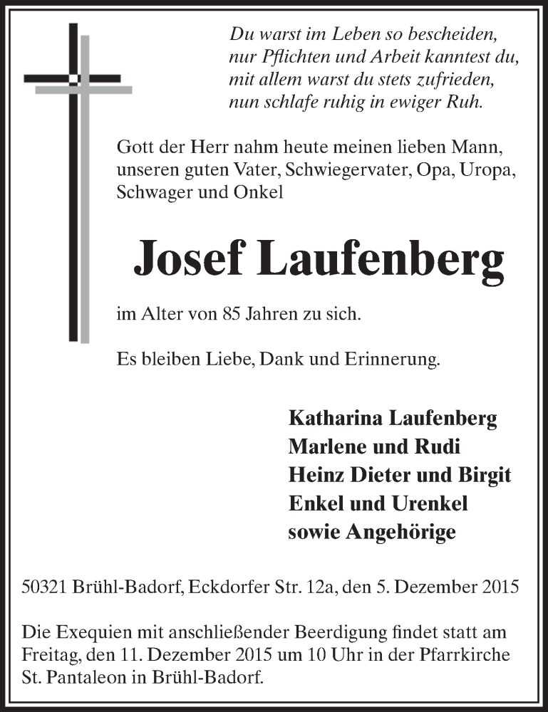  Traueranzeige für Josef Laufenberg vom 09.12.2015 aus  Schlossbote/Werbekurier 
