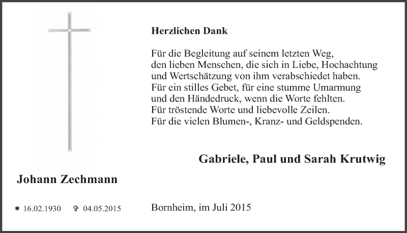  Traueranzeige für Johann Zechmann vom 15.07.2015 aus  Schlossbote/Werbekurier 