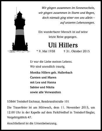 Anzeige von Uli Hillers von Kölner Stadt-Anzeiger / Kölnische Rundschau / Express