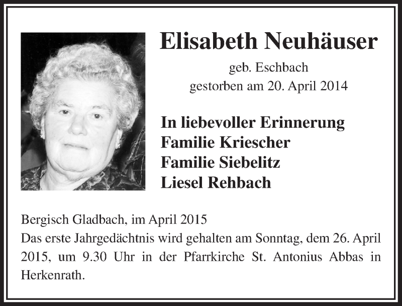  Traueranzeige für Elisabeth Neuhäuser vom 22.04.2015 aus  Bergisches Handelsblatt 