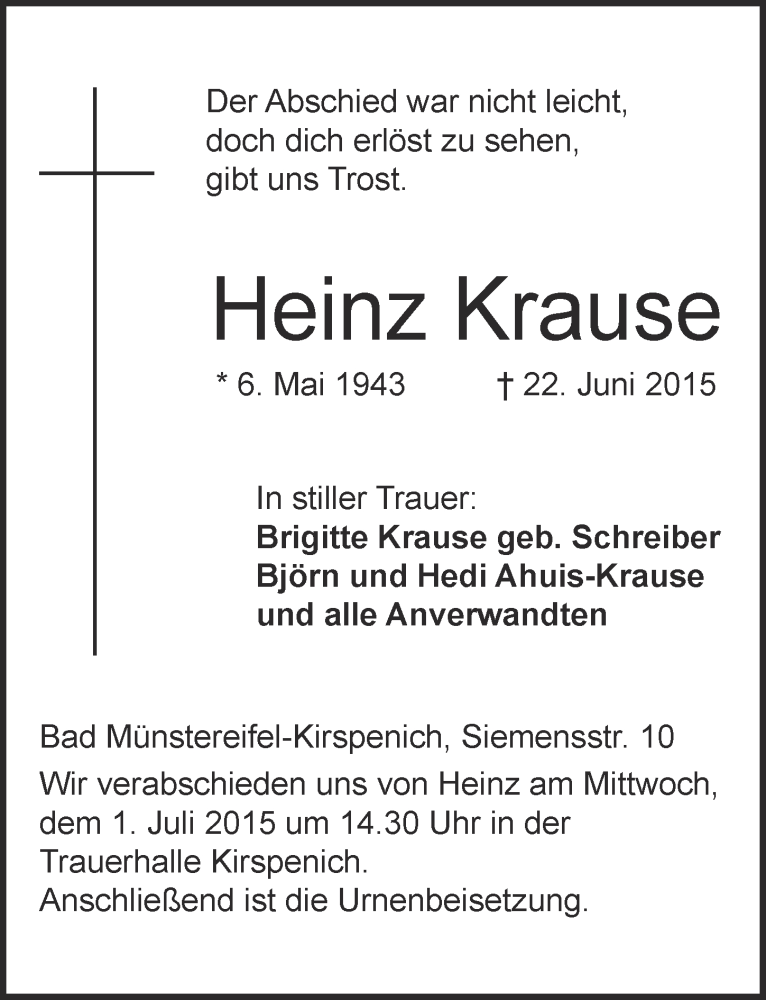  Traueranzeige für Heinz Krause vom 28.06.2015 aus  Blickpunkt Euskirchen 