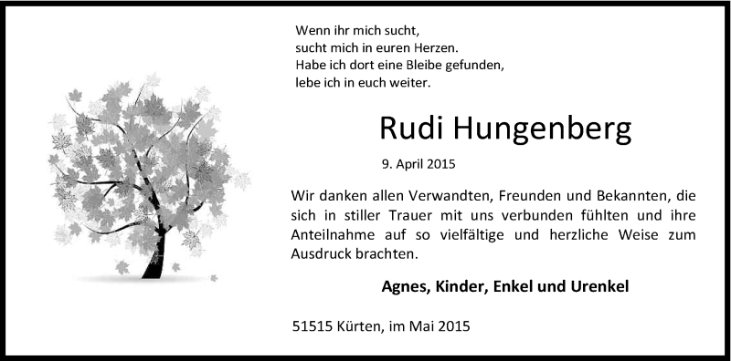  Traueranzeige für Rudi Hungenberg vom 13.05.2015 aus Kölner Stadt-Anzeiger / Kölnische Rundschau / Express