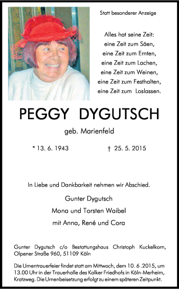 Anzeige von Peggy Dygutsch von Kölner Stadt-Anzeiger / Kölnische Rundschau / Express