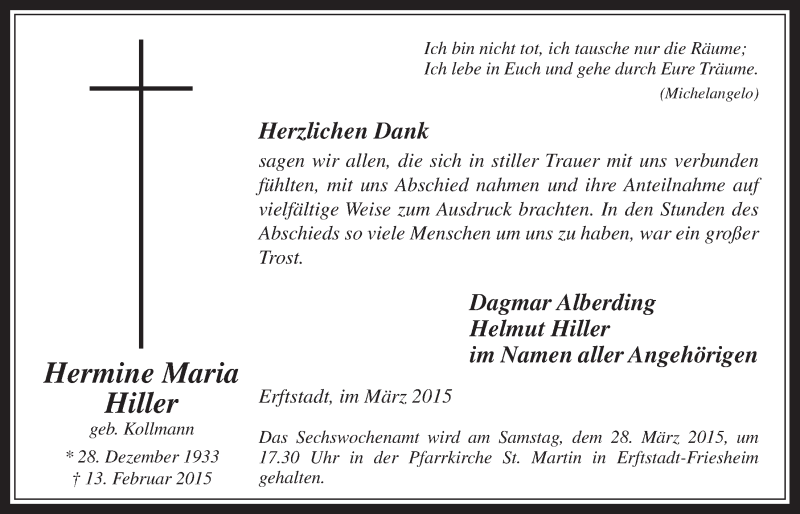  Traueranzeige für Hermine Maria Hiller vom 25.03.2015 aus  Werbepost 