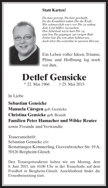Anzeige von Detlef Gensicke von  Werbepost 