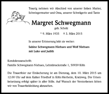 Anzeige von Margret Schwegmann von Kölner Stadt-Anzeiger / Kölnische Rundschau / Express