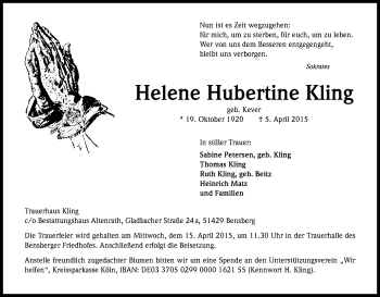 Anzeige von Helene Hubertine Kling von Kölner Stadt-Anzeiger / Kölnische Rundschau / Express