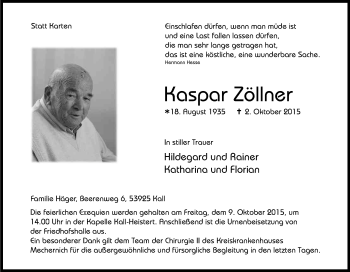 Anzeige von Kaspar Zöllner von Kölner Stadt-Anzeiger / Kölnische Rundschau / Express