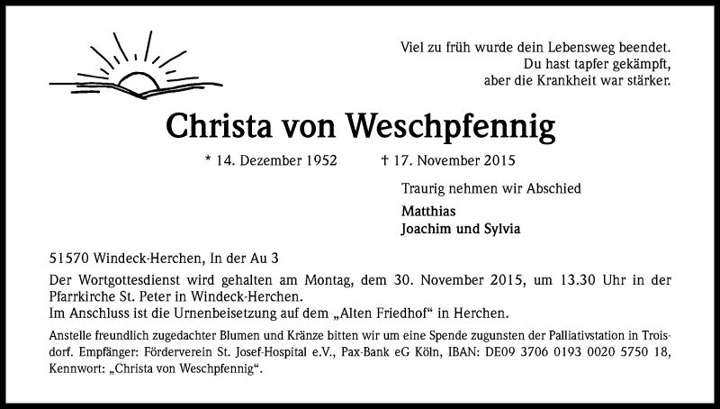  Traueranzeige für Christa von Weschpfennig vom 21.11.2015 aus Kölner Stadt-Anzeiger / Kölnische Rundschau / Express